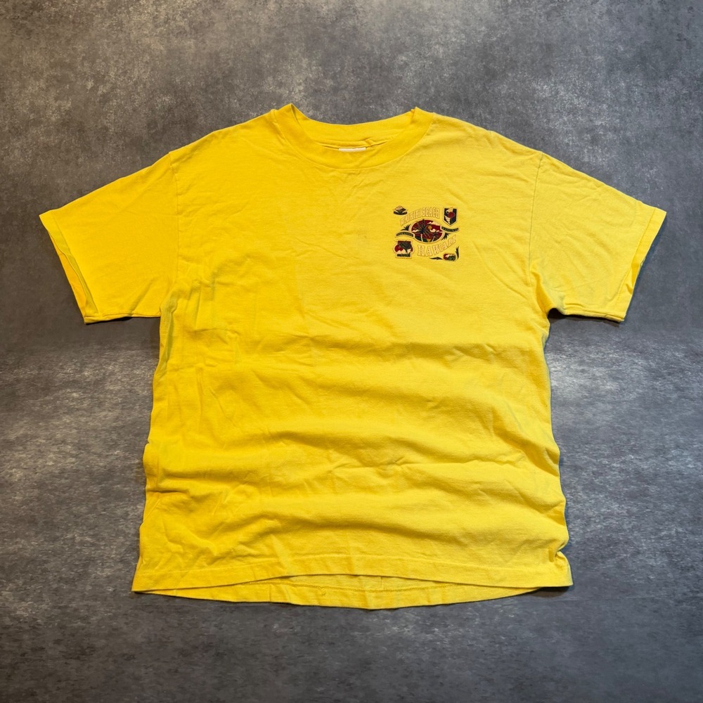 Vintage Waikiki Beach Hawaii Graphic T-Shirt Mens Large Yellow Made in USA 90s